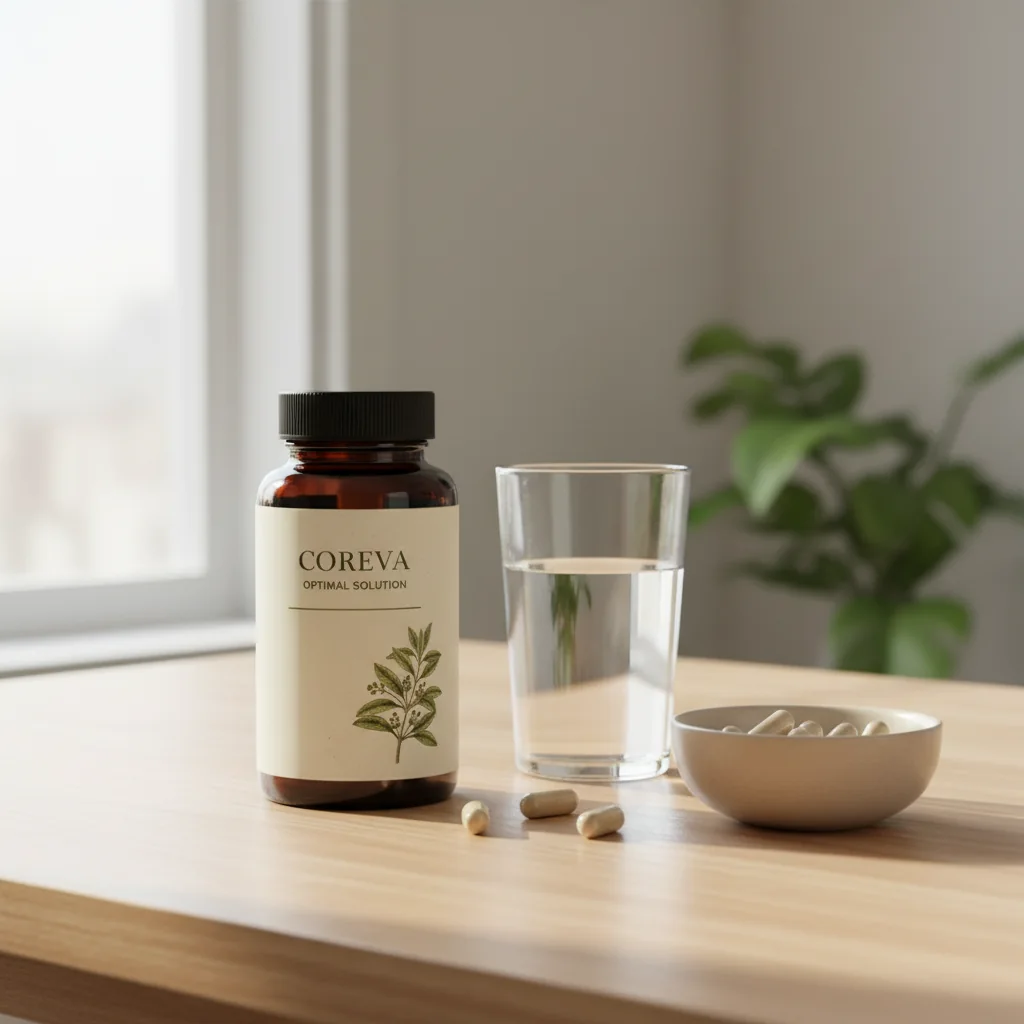 Coreva Optimal Solution -pullo vieressä vesilasi kirkkaassa keittiövalaistuksessa